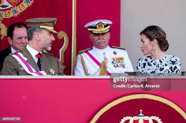 King Felipe VI of Spain and Queen Letizia of Spain attend the Armed Forces Day on May 27, 2017 in Guadalajara, Spain.