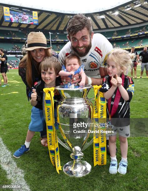 Geoff Parling of Exeter Chiefs and family celebrate his team's 23-20 victory after the Aviva Premiership Final between Wasps and Exeter Chiefs at...