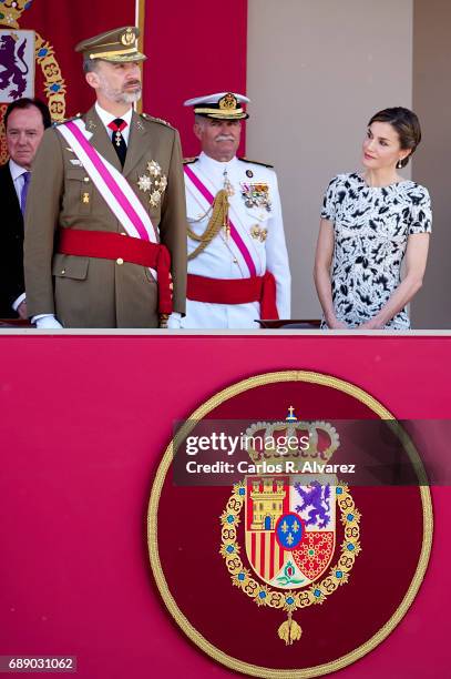 King Felipe VI of Spain and Queen Letizia of Spain attend the Armed Forces Day on May 27, 2017 in Guadalajara, Spain.