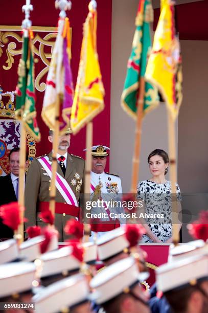 King Felipe VI of Spain and Queen Letizia of Spain attend the Armed Forces Day on May 27, 2017 in Guadalajara, Spain.