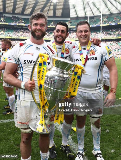 Geoff Parling of Exeter Chiefs and teammates celebrate their team's 23-20 victory after the Aviva Premiership Final between Wasps and Exeter Chiefs...