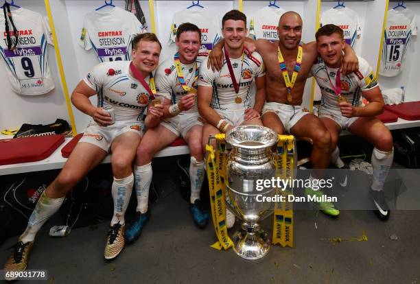 Stu Townsend of Exeter Chiefs, Will Chudley of Exeter Chiefs, Ollie Devoto of Exeter Chiefs, Olly Woodburn of Exeter Chiefs, Henry Slade of Exeter...