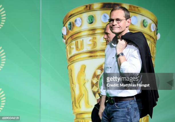 Mayor of Berlin Michael Mueller arrives for the DFB Cup Final 2017 between Eintracht Frankfurt and Borussia Dortmund at Olympiastadion on May 27,...