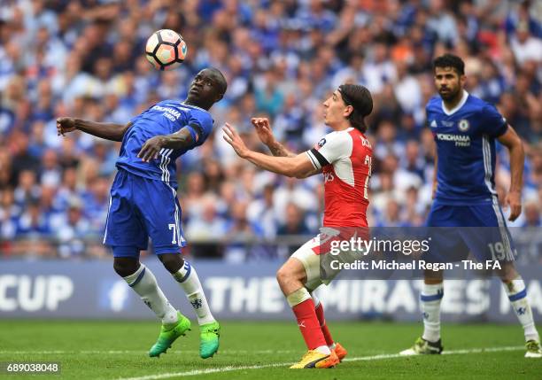 Golo Kante of Chelsea attempts to control the ball while under pressure from Hector Bellerin of Arsenal during the Emirates FA Cup Final between...
