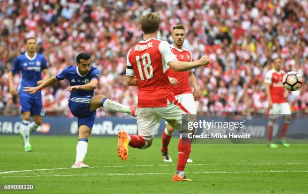 Pedro of Chelsea shoots during The Emirates FA Cup Final between Arsenal and Chelsea at Wembley Stadium on May 27, 2017 in London, England.