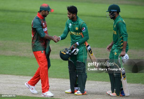 Mashrafe Mortaza, Captain of Bangladesh and Fahim Ashraf of Pakistan shake hands at the end of the match during the ICC Champions Trophy Warm-up...