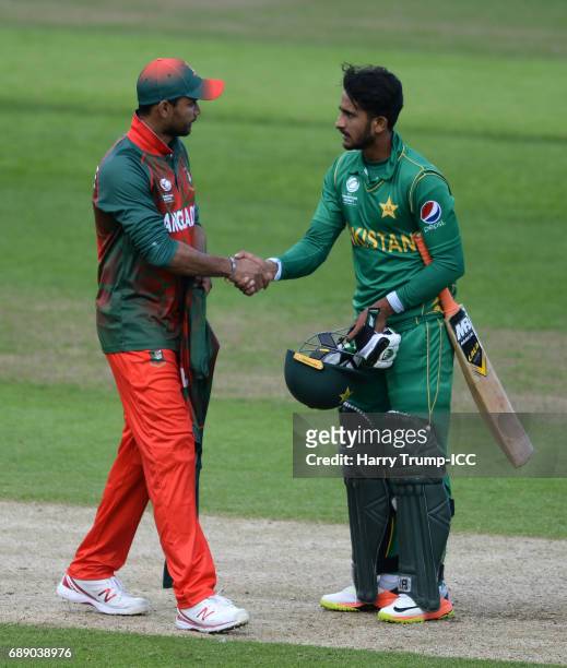 Mashrafe Mortaza, Captain of Bangladesh and Fahim Ashraf of Pakistan shake hands at the end of the match during the ICC Champions Trophy Warm-up...
