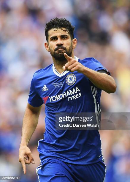 Diego Costa of Chelsea celebrates scoring his sides first goal during the Emirates FA Cup Final between Arsenal and Chelsea at Wembley Stadium on May...