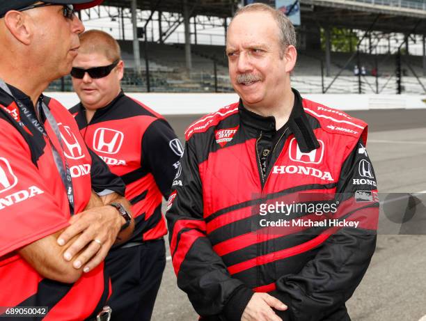 Actor Paul Giamatti prepares for his two seater ride in an IndyCar at Indianapolis Motor Speedway on May 27, 2017 in Indianapolis, Indiana.