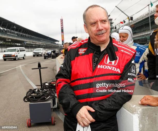 Actor Paul Giamatti prepares for his two seater ride in an IndyCar at Indianapolis Motor Speedway on May 27, 2017 in Indianapolis, Indiana.