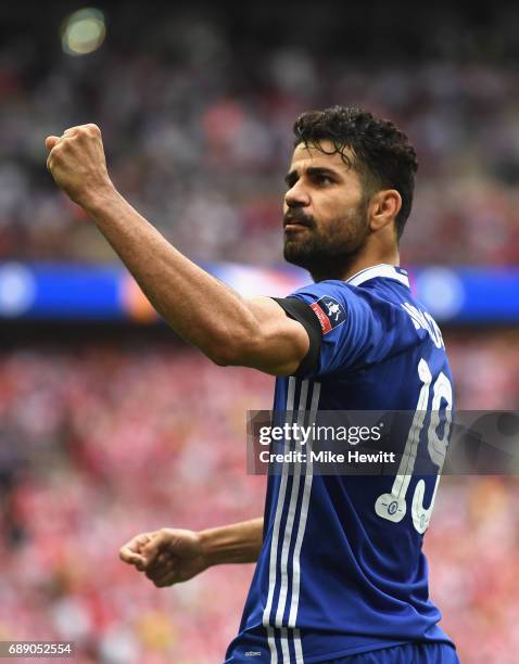 Diego Costa of Chelsea celebrates scoring his sides first goal during the Emirates FA Cup Final between Arsenal and Chelsea at Wembley Stadium on May...