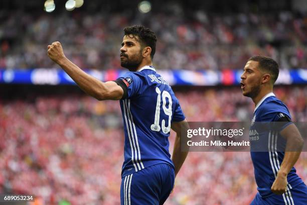 Diego Costa of Chelsea celebrates scoring his sides first goal during the Emirates FA Cup Final between Arsenal and Chelsea at Wembley Stadium on May...