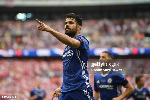 Diego Costa of Chelsea celebrates scoring his sides first goal during the Emirates FA Cup Final between Arsenal and Chelsea at Wembley Stadium on May...