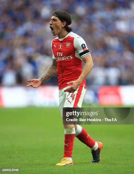 Hector Bellerin of Arsenal celebrates after the Emirates FA Cup Final between Arsenal and Chelsea at Wembley Stadium on May 27, 2017 in London,...