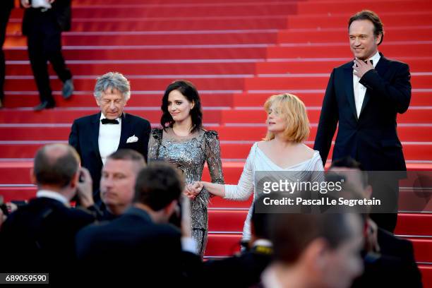Director Roman Polanski, Eva Green, Emmanuelle Seigner and Vincent Perez leave the "Based On A True Story" screening during the 70th annual Cannes...