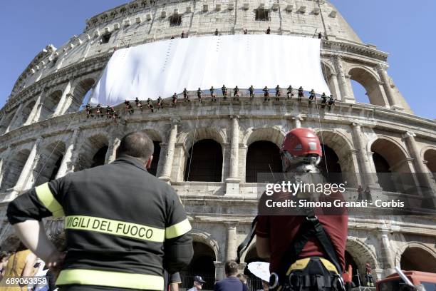 Firefighter training at the Colosseum ahead of the feast of The Republic Ccelebrations, on May 27, 2017 in Rome, Italy.