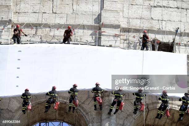 Firefighter training at the Colosseum ahead of the feast of The Republic Ccelebrations, on May 27, 2017 in Rome, Italy.