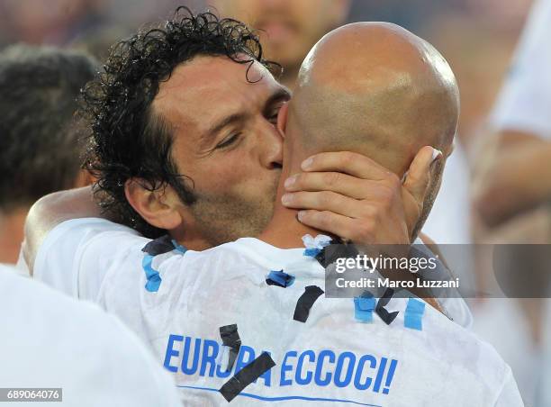 Cristin Raimondi and Giulio Migliaccio of Atalanta BC celebrate the qualification at UEFA Europa League 2017/18 at the end of the Serie A match...