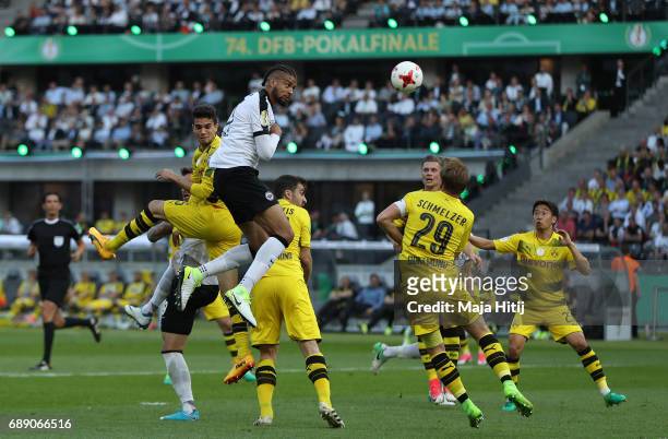 Michael Hector of Frankfurt jumpf for a header during the DFB Cup final match between Eintracht Frankfurt and Borussia Dortmund at Olympiastadion on...