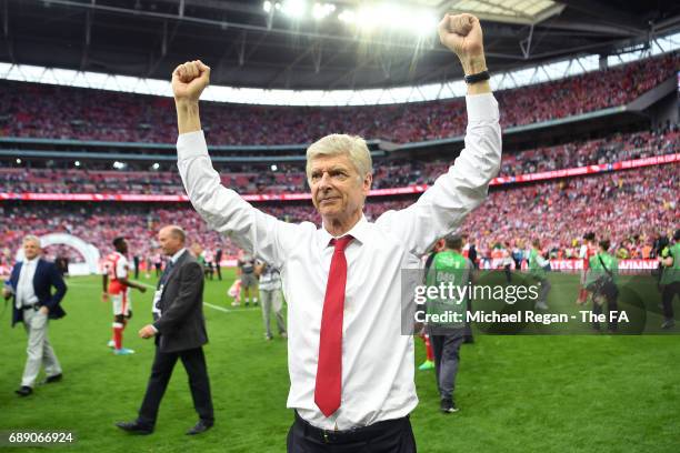 Arsene Wenger, Manager of Arsenal celebrates after the Emirates FA Cup Final between Arsenal and Chelsea at Wembley Stadium on May 27, 2017 in...