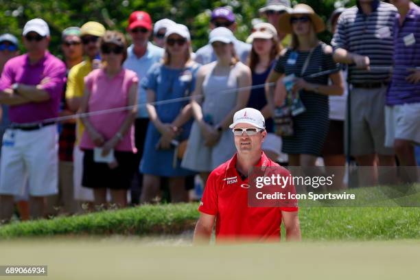 Zach Johnson watches his bunker shot on during the second round of the Dean & Deluca Invitational on May 26, 2017 at Colonial Country Club in Fort...