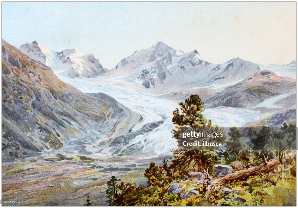 Antique colored illustrations: Rosegg glacier