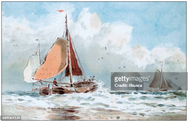antique colored illustrations: boat painting - sailboat painting stock illustrations