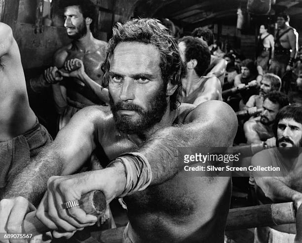 American actor Charlton Heston as galley slave Judah Ben-Hur in a scene from the film 'Ben-Hur', directed by William Wyler, 1959.
