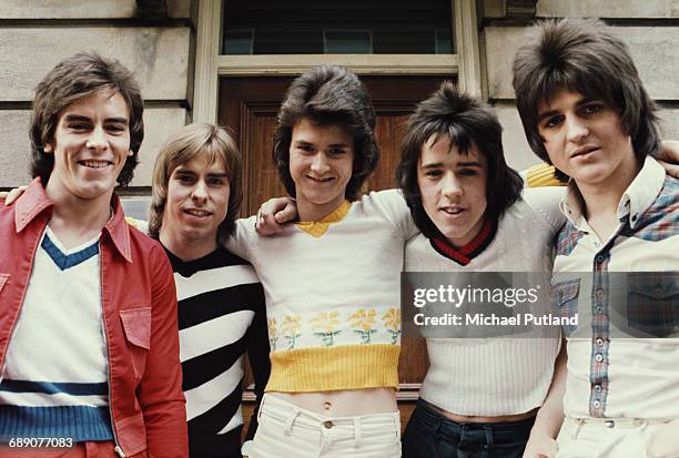 Scottish pop group The Bay City Rollers, UK, March 1974. Left to right: Alan Longmuir, Derek Longmuir, Les Mckeown, Stuart 'Woody' Wood, Eric...