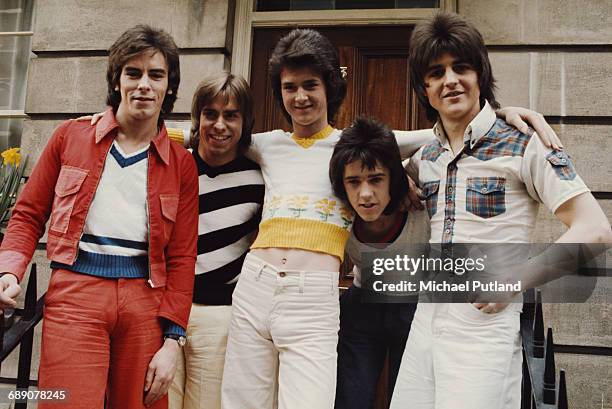 Scottish pop group The Bay City Rollers, UK, March 1974. Left to right: Eric Faulkner, Derek Longmuir, Les Mckeown, Alan Longmuir and Stuart 'Woody'...