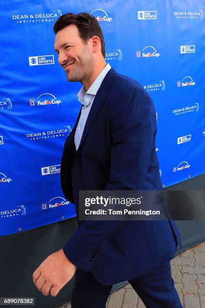 Former Dallas Cowboys quarterback and on-air talent Tony Romo exits the broadcast booth during Round three of the DEAN & DELUCA Invitational at...