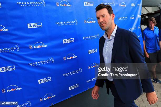 Former Dallas Cowboys quarterback and on-air talent Tony Romo exits the broadcast booth during Round three of the DEAN & DELUCA Invitational at...