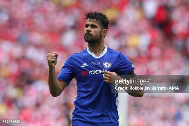 Diego Costa of Chelsea celebrates after scoring a goal to make it 1-1 during the Emirates FA Cup Final match between Arsenal and Chelsea at Wembley...