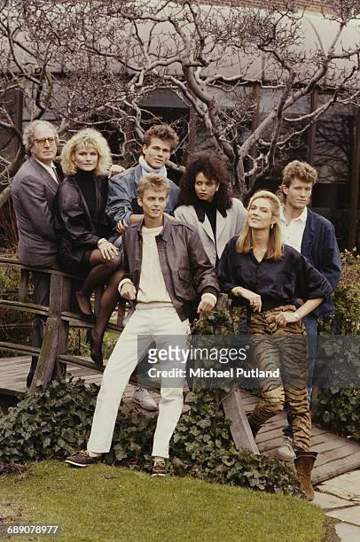 Soundtrack composer John Barry with Norwegian pop group A-ha, and three Bond Girls at a shoot to promote the James Bond film, 'The Living Daylights',...