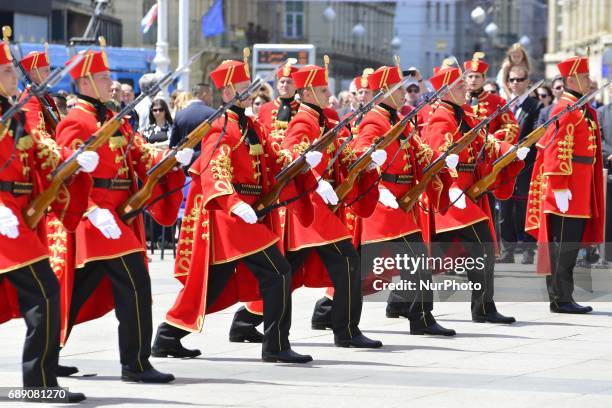 Croatian army marking the 26th anniversary of the Croatian Armed Forces at Ban Josip Jelacic square in Zagreb, Croatia, on 27 May 2017.