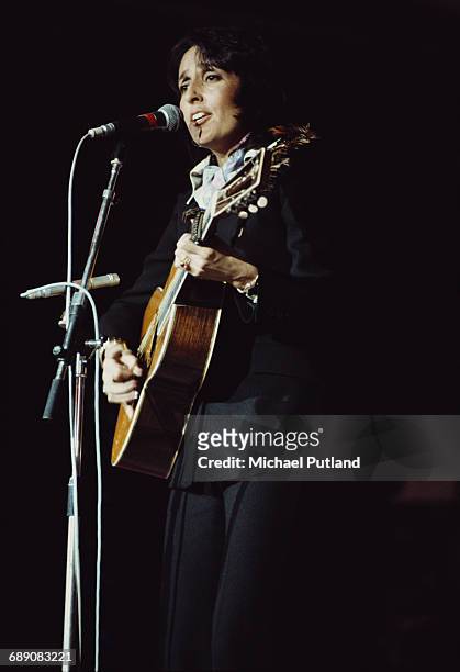 American singer-songwriter Joan Baez performing on stage during the Midem music industry trade fair in Cannes, France, 30th January 1976.