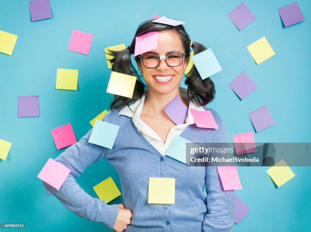 Young Hispanic Women Showing Emotional Expressions Coverd In Post-its