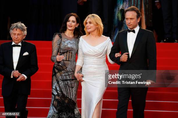 Director Roman Polanski, Eva Green, Emmanuelle Seigner and Vincent Perez leave the "Based On A True Story" screening during the 70th annual Cannes...
