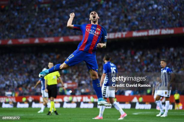 Paco Alcacer of FC Barcelona scores his team's third goal during the Copa Del Rey Final between FC Barcelona and Deportivo Alaves at Vicente Calderon...