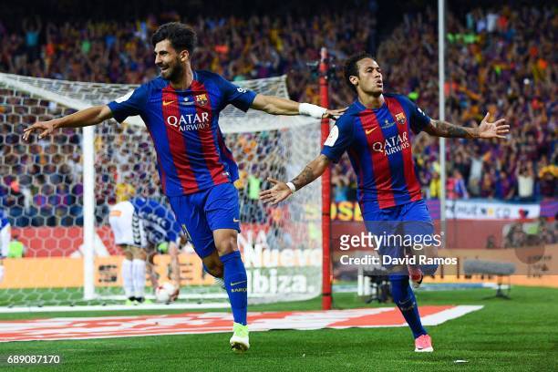 Neymar Jr. Of FC Barcelona celebrates with his team mate Andre Gomes of FC Barcelona after scoring his team's second goal during the Copa Del Rey...