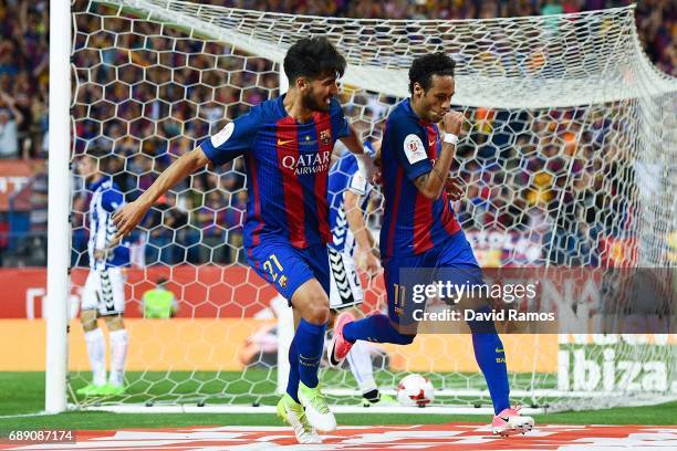 Neymar Jr. Of FC Barcelona celebrates with his team mate Andre Gomes of FC Barcelona after scoring his team's second goal during the Copa Del Rey...