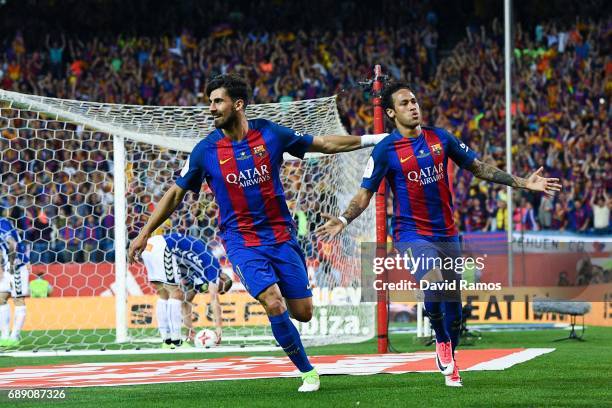 Neymar Jr. Of FC Barcelona celebrates with his team mate Andre Gomes of FC Barcelona after scoring his team's second goal during the Copa Del Rey...