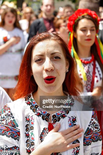 Ukrainians wearing traditional Ukrainian embroidered blouses called &quot;Vyshyvanka&quot;, take part in the &quot;Vyshyvankas March&quot; in...