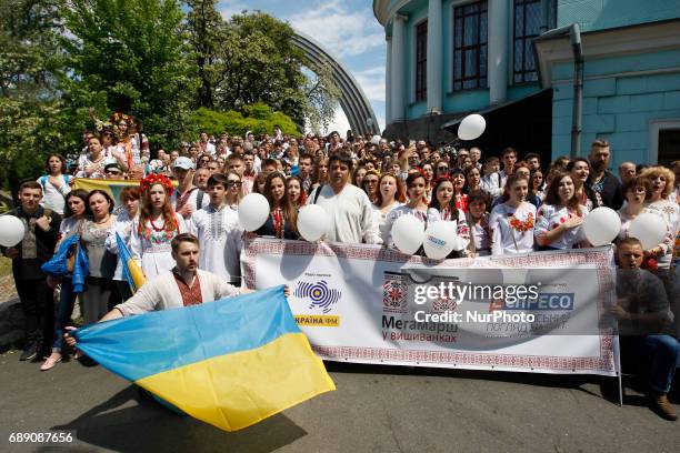 Ukrainians wearing traditional Ukrainian embroidered blouses called &quot;Vyshyvanka&quot;, take part in the &quot;Vyshyvankas March&quot; in...