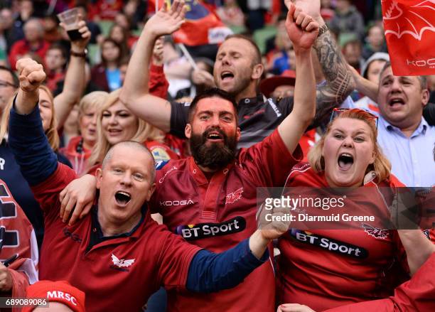 Dublin , Ireland - 27 May 2017; Scarlets supporters celebrate after the Guinness PRO12 Final between Munster and Scarlets at the Aviva Stadium in...