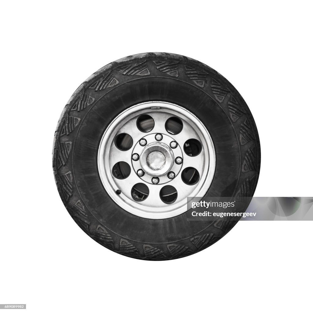 SUV car wheel, frontal view isolated on white