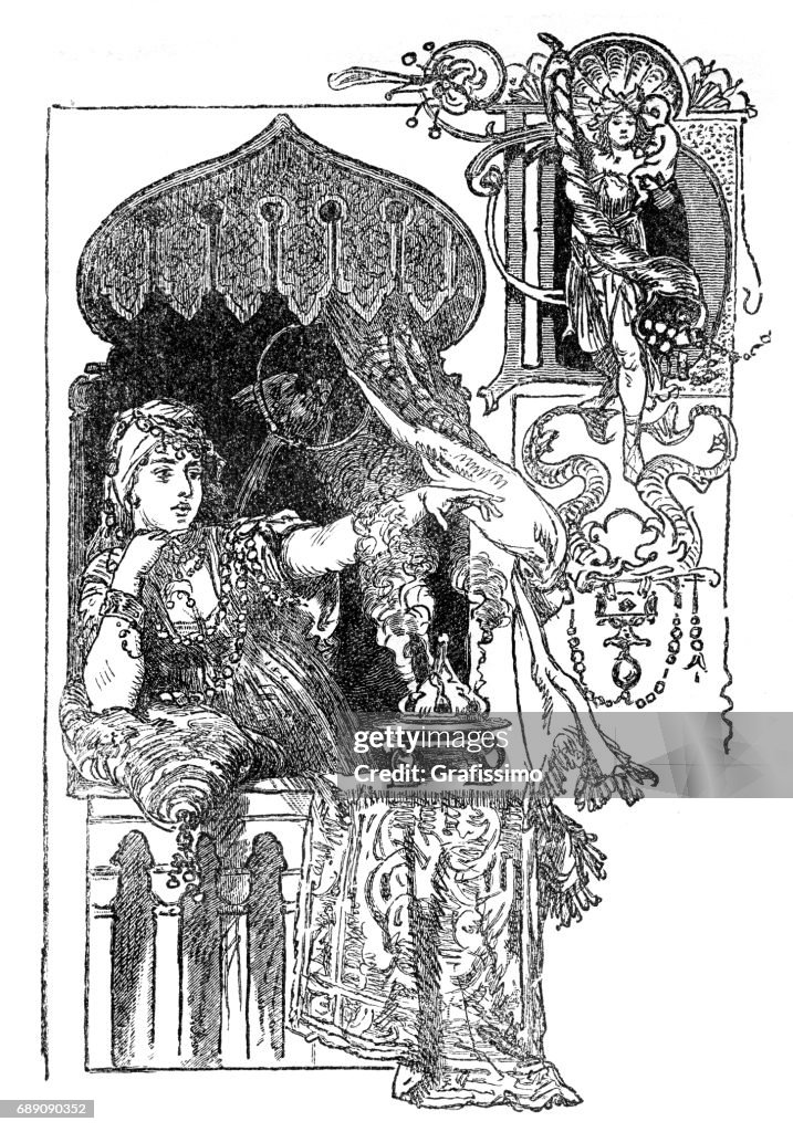 Arabian princess sitting at window of palace