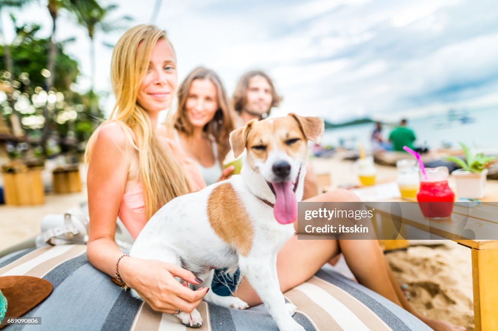 Group of friends - two girls and one guy - at the beach cafe. Funny dog with them