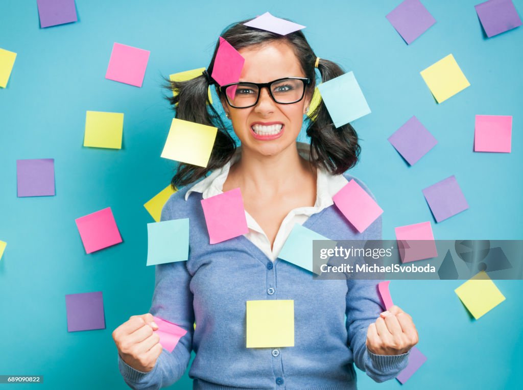 Young Hispanic Women Showing Emotional Expressions Coverd In Post-its