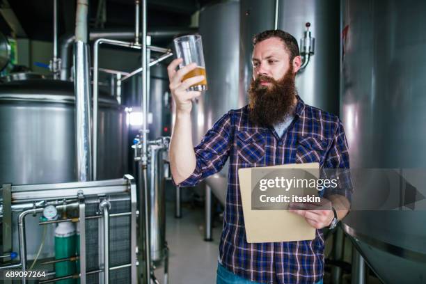 master works in the brewery: beer testing, making remarks, quality control - controle de qualidade imagens e fotografias de stock